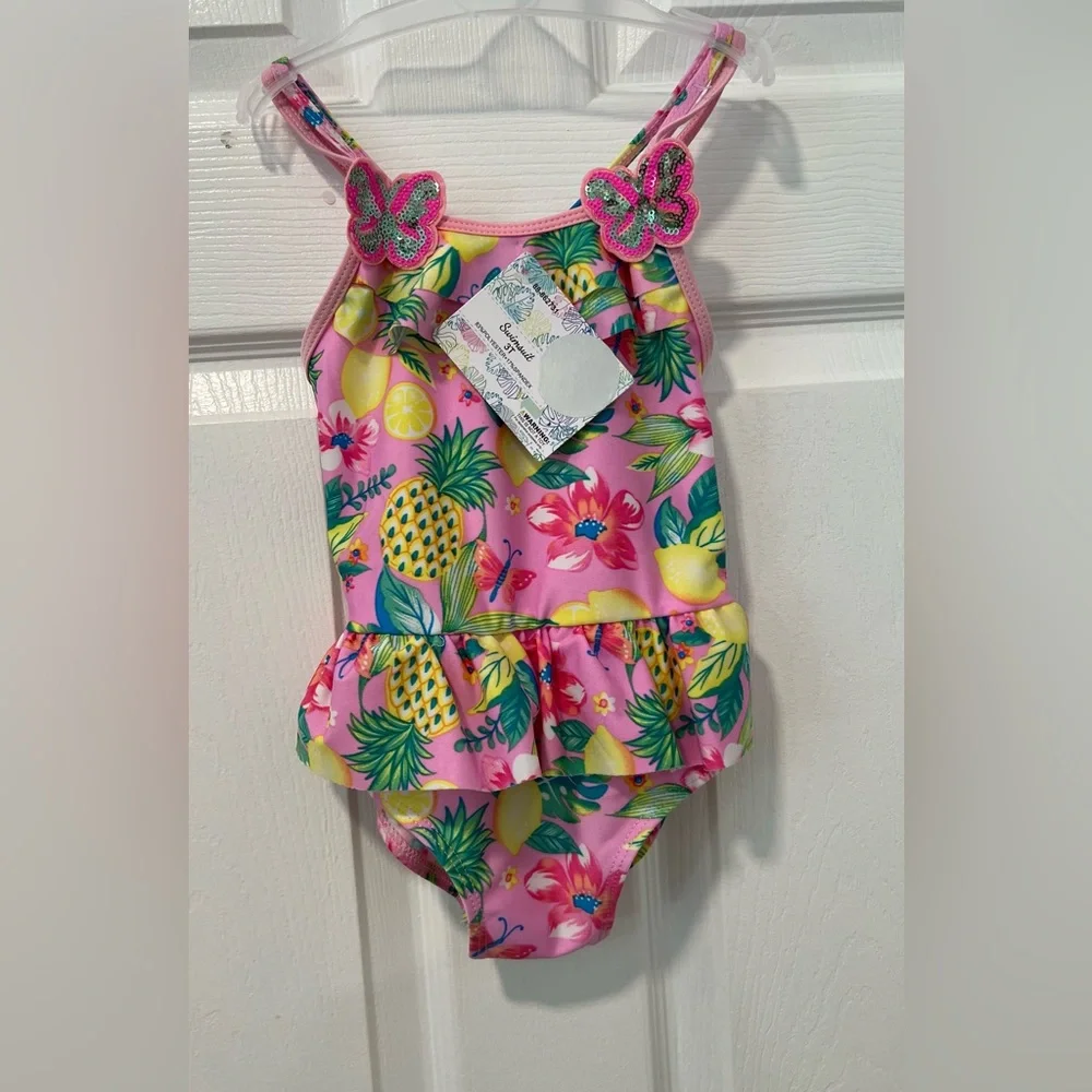 Momentum Brands Toddler Girl Size 3T 1-Piece Pink Floral Swimsuit Ruffle Stretch